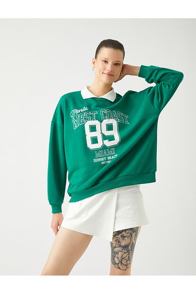 Koton Oversize Sweatshirt Polo Neck College Printed Long Sleeve