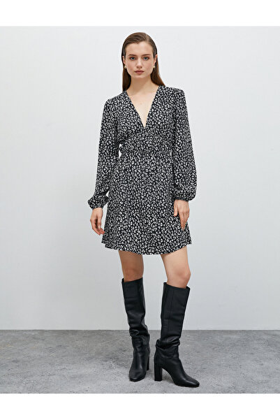 Koton Çiçekli Mini Elbise V Yaka Uzun Kollu