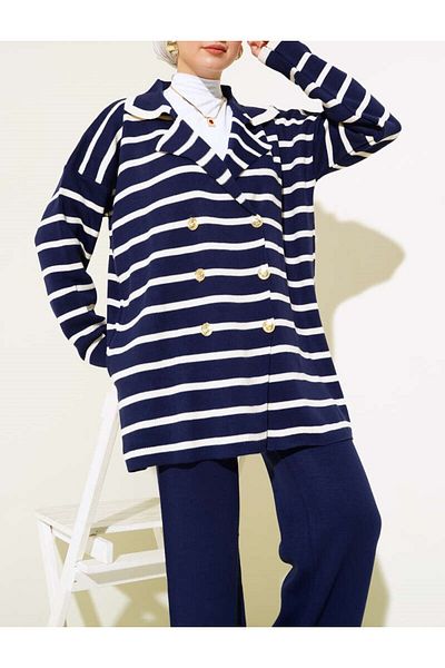 Lavanta Tekstil Navy Blue Oversize Hijab Knitwear Set - Ριγέ Μπουφάν