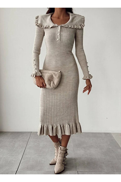 Genel Markalar Düğme Detaylı Fitilli Triko Elbise