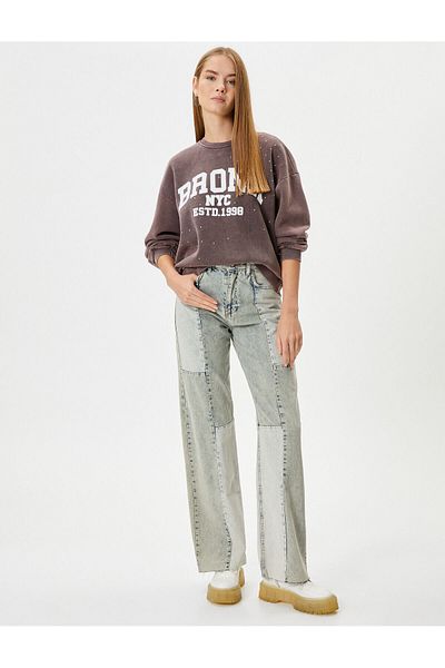 Koton College Sweatshirt Faded Effect Raised Crew Neck Cotton