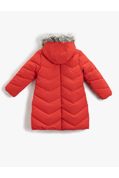 Koton Quilted Long Coat Padded Faux Fur Detailed Hooded Buttoned