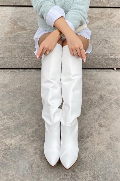 BeBeQ Store Moly White Matte Above Knee Heeled Women's Boots