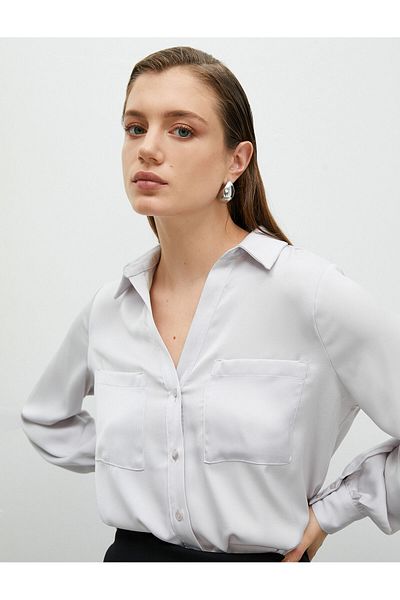 Koton Double Pocket and Buttoned Balloon Sleeve Classic Collar Shirt