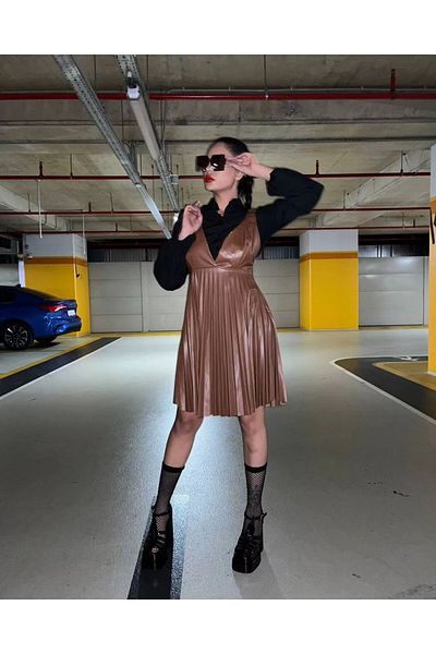 1Moda1Tarz Γυναικείο φόρεμα πουκάμισου από εισαγόμενο δέρμα και υφαντό ύφασμα με πλισέ επένδυση