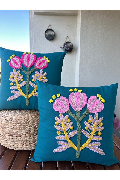 punchatolyem غطاء وسادة بتصميم Panch Punch Tulip باللون الأزرق البترولي ومجمو...