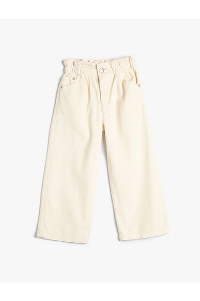 Koton Ecrufarbene Damenhose mit elastischem Bund und weitem Bein 4WKG40017AW