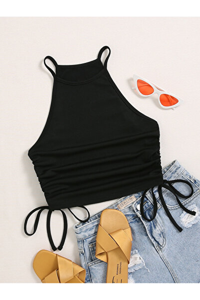 Liona Askılı Halter Yaka Yüzücü Sırtlı Yanları İpli Siyah Renk Fitilli Crop T...