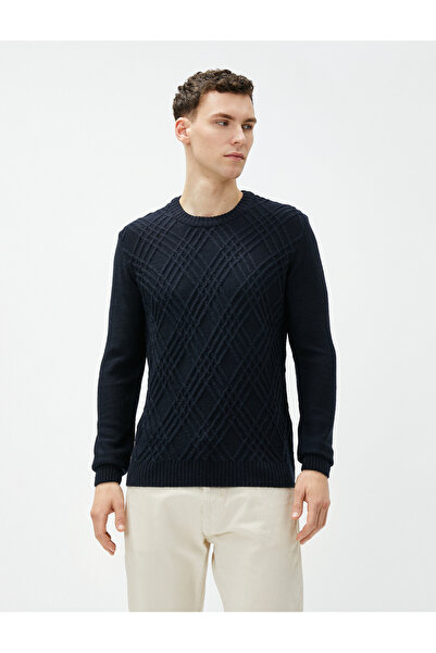 Koton Strickpullover mit Rautenmuster, langen Ärmeln und Rundhalsausschnitt