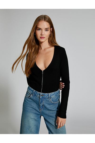Koton V-Neck Ribbed Knitwear Cardigan - Zippered, Long Sleeve