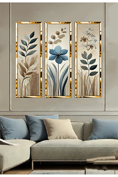 avm19 Pleksi Çerçeveli Mavi Pastel Çiçekler Tablo 3Lü
