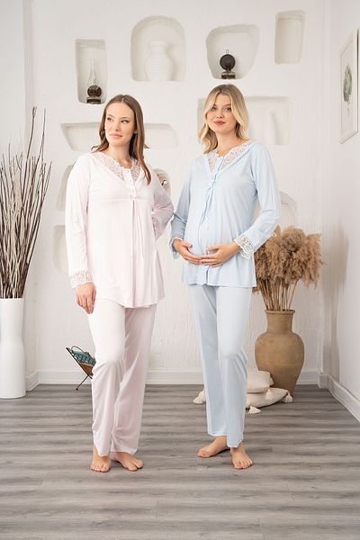 Lohussa Set de pijamale pentru femei, jacquard albastru, cu design special, rochie de maternitate de iarnă