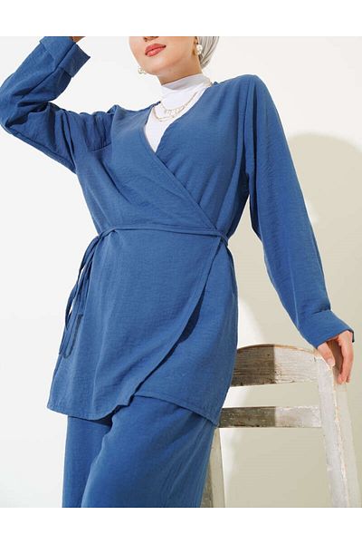 Lavanta Tekstil Indigo Linen Hijab Kimono Set - Front Tie