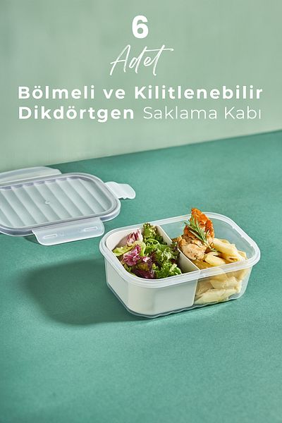 Kitchen Life 6 Pieces 2 Compartments 1Lt Lockable Leak Proof Storage Container with Lid - Breakfast Container - Nutrition Container - 1000 ml