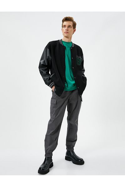 Koton Bomber Collar College Jacket - Δερμάτινο look, κεντημένη τσέπη και κουμπάκι