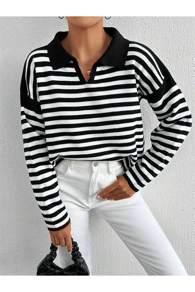 Jose Clothing Női póló nyakú fekete-fehér csíkos hosszú ujjú kötött pulóver