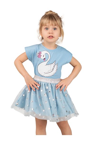 MSHB&G Blaues Sommerkleid aus Tüll – Flauschiges Abendkleid mit Sternschwan für Mädchen