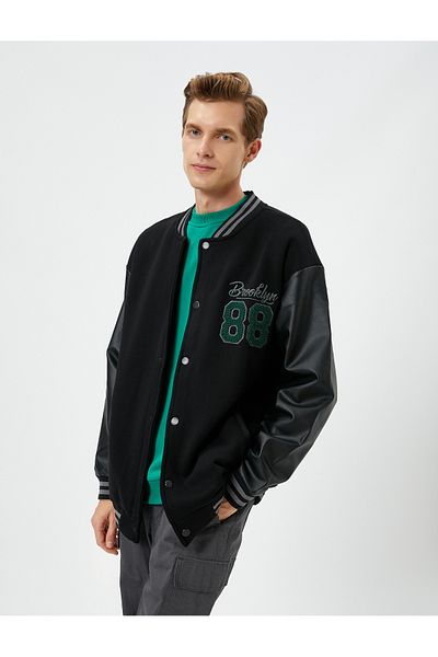 Koton Bomber Collar College Jacket - Δερμάτινο look, κεντημένη τσέπη και κουμπάκι