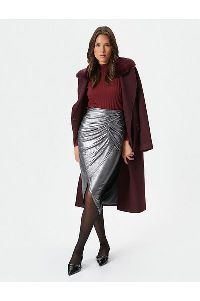 Koton Melis Ağazat X - Metallic Shiny Double Breasted Midi Skirt with Slit and Drape Detail
