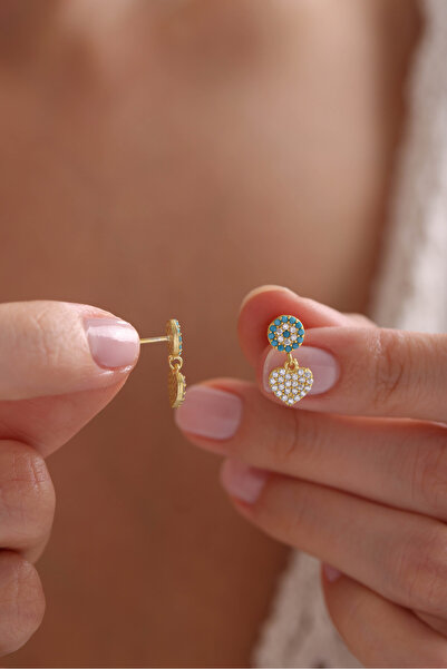 Nereze 925 Ayar Gümüş Gold Kaplama Minik Turkuaz Nazar Sallantılı Kalp Küpe