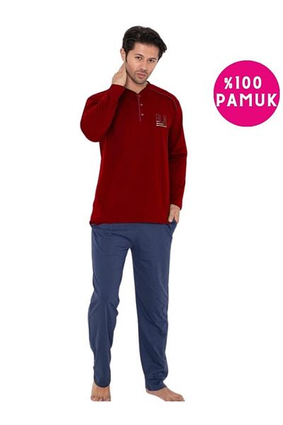 bie's Plus Size Claret Red Navy Blue Buttoned 100% Cotton Long Sleeve Seasonal Pajamas Set with Pockets