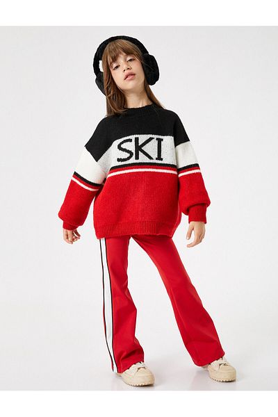 Koton Sweater Round Neck Color Blocked Text Detailed