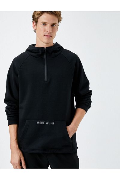 Koton Three Yarn Hooded Sports Sweatshirt - Half Zipper and Kangaroo Pocket