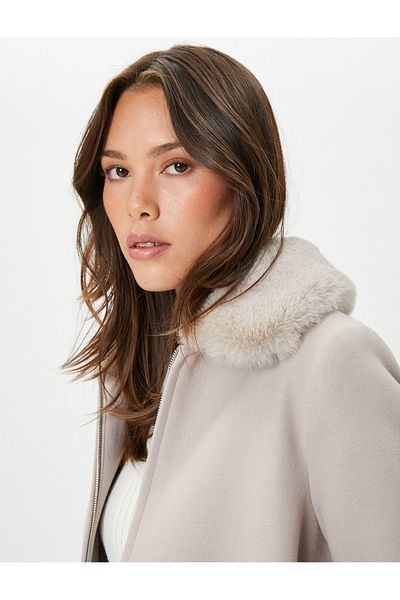 Koton Long Stretch Coat Removable Faux Fur Collar Zippered