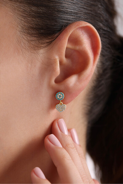 Nereze 925 Ayar Gümüş Gold Kaplama Minik Turkuaz Nazar Sallantılı Kalp Küpe