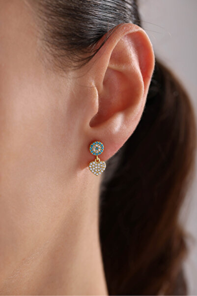 Nereze 925 Ayar Gümüş Gold Kaplama Minik Turkuaz Nazar Sallantılı Kalp Küpe