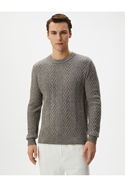 Koton Плетен пуловер с кръгло деколте, плетен текстуриран дълъг ръкав