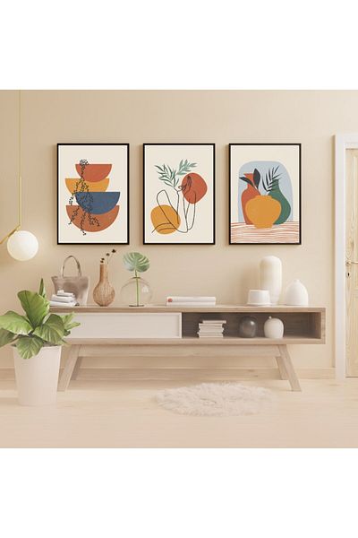 Gorgon Art Home Modern Minimalist Linear and Geometric Art Set - 3 Piece Uv Print Painting with Mdf Frame