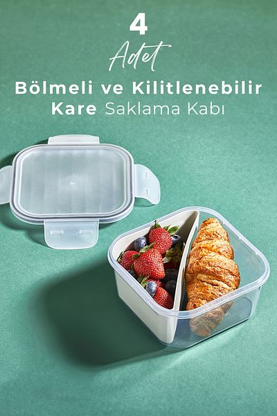 Kitchen Life 4 Pieces 2 Compartments 1.4Lt Lockable Leak Proof Storage Container with Lid - Breakfast Container - 1400 ml