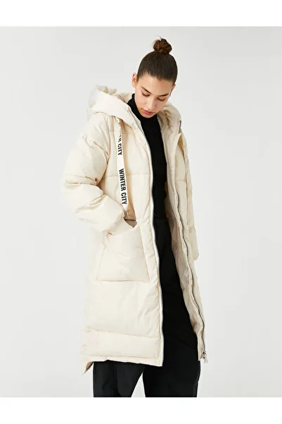 Koton Long Puffer Jacket Zippered Pocket Detailed Hooded Slogan Printed