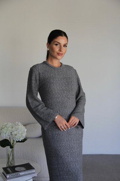 Julidress Antrasit Bisiklet Yaka Maxi Uzun Boy Oversize Pamuk Triko Premium E...