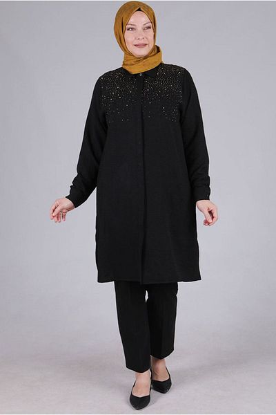 Moda Rosa 24y2342 - Black Large Size Jewelled Hijab Tunik