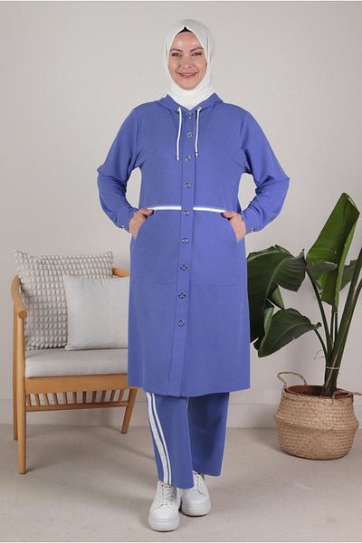 Moda Rosa 23y35086 - أزرق مرصع - بدلة رياضية كبيرة الحجم مع بنطال بكبسات