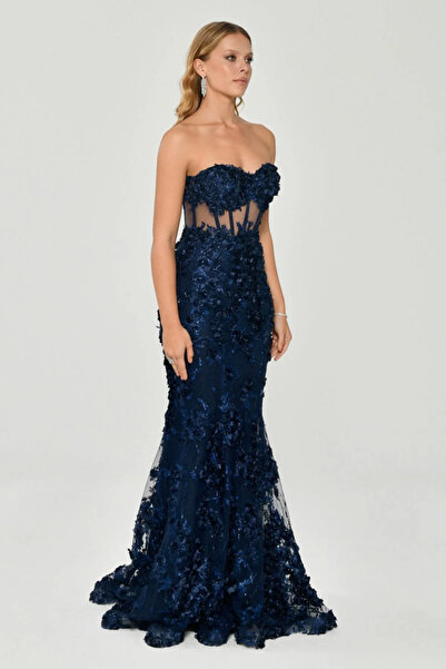 ALFABETA KALP YAKA BEL TRANSPARAN 3 BOYUTLU ÇİÇEKLİ BALIK ŞIK ABİYE ELBİSE