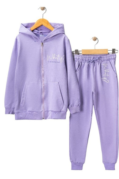 İrem Çocuk Giyim Girl's Lilac Color Patterned Tracksuit Set - Zippered Hood and Kangaroo Pocket