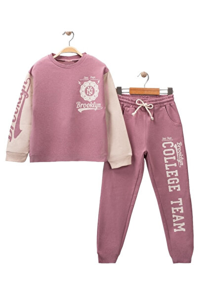 İrem Çocuk Giyim Brooklyn Summer Patterned Dried Rose Girl's Tracksuit Set