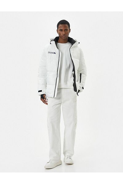 Koton Puffer Jacket Hooded Slogan Printed Zippered Pocket Detail