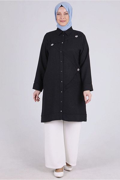 Moda Rosa 24Y2335 - BLACK - Large Size Hijab Collar Tunic
