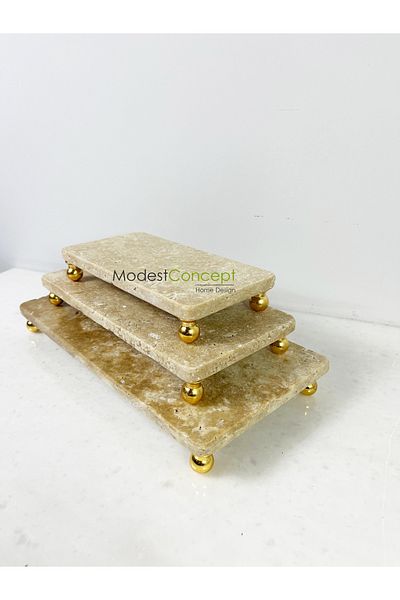 Modestmar Presentation Service Set - Travertine Set of 3, Gold Top Leg