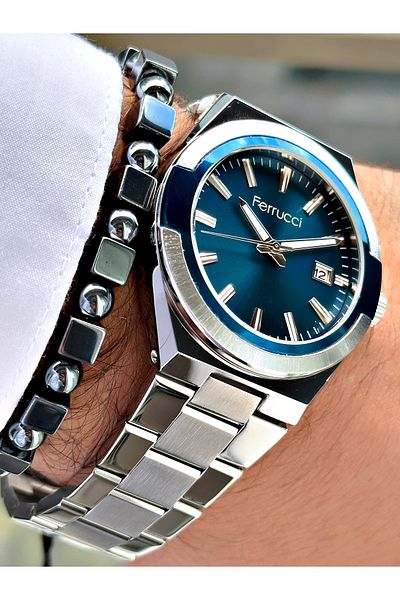 Ferrucci Silver Color Classic Plain Model Steel Cord Men's Wrist Watch + Bracelet