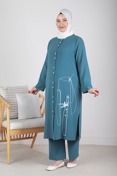 Moda Rosa 24Y35088 - OIL - Large Size Hijab Striped Pants Set