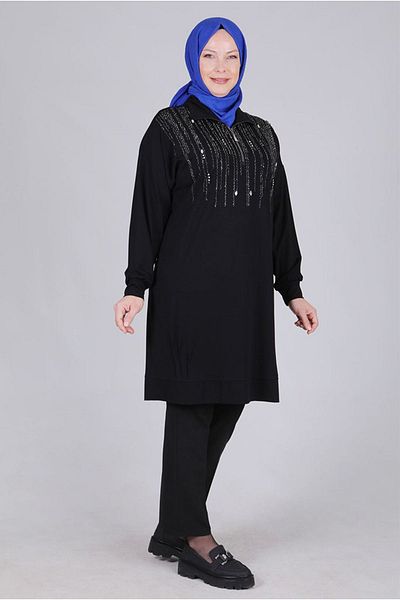 Moda Rosa 25K20103 - Black Large Size Hijab Stone Detailed Tunic