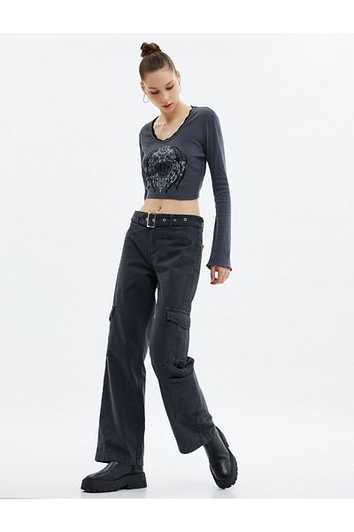 Koton Cargo Pants Faded Effect Belt Detail Straight Wide Leg Pockets