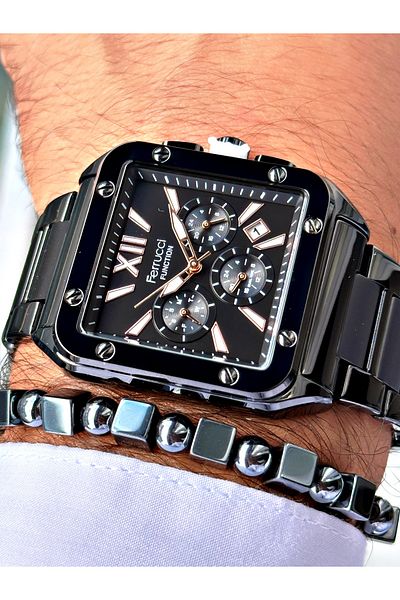 Ferrucci Black Color Square Functions Active Men's Wrist Watch + Bracelet