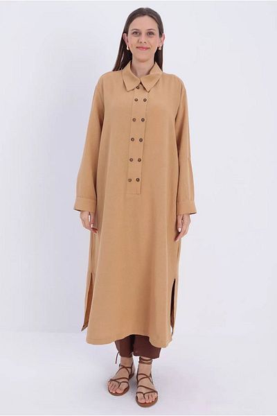 Moda Rosa 24Y4393 - CAMEL - Plus Size Double Buttoned Linen Full Length Tunic