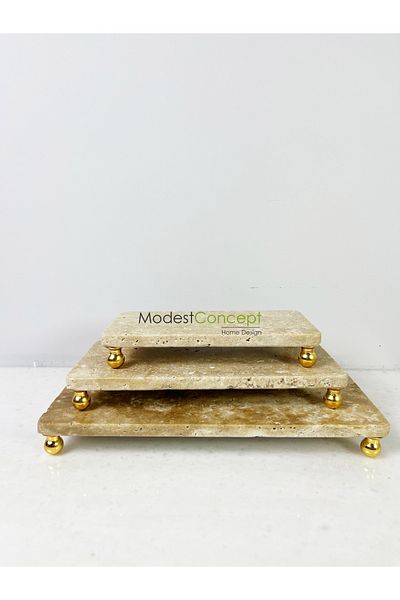 Modestmar Presentation Service Set - Travertine Set of 3, Gold Top Leg